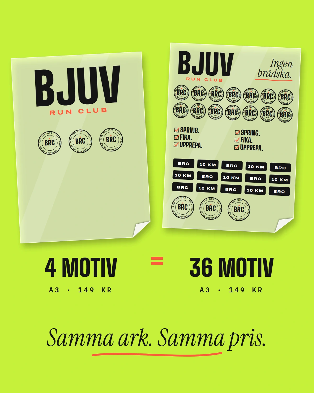 Två A3-ark för 149 kr vardera: ett med 4 motiv och ett fullpackat med 36 motiv. Samma ark, samma pris.
