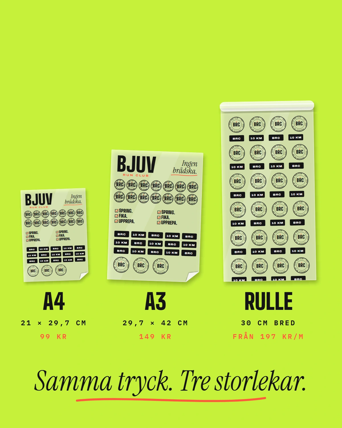 A4-ark 21 × 29,7 cm för 99 kr, A3-ark 29,7 × 42 cm för 149 kr och rulle 30 cm bred från 197 kr per meter, i samma skala.