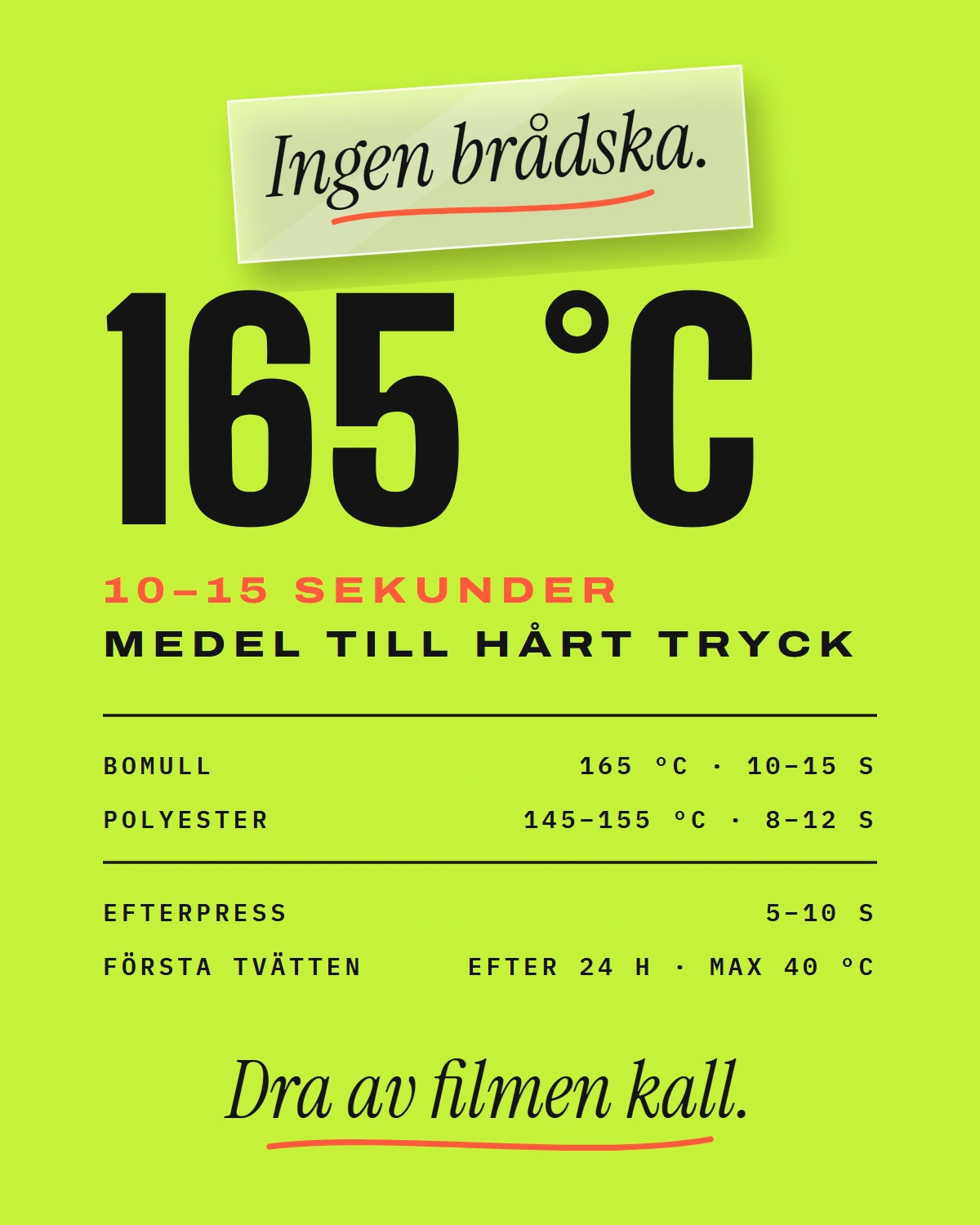 Pressvärden: bomull 165 °C i 10–15 sekunder med medel till hårt tryck, polyester 145–155 °C i 8–12 sekunder, efterpress 5–10 sekunder, första tvätten efter 24 timmar i högst 40 °C. Dra av filmen kall.