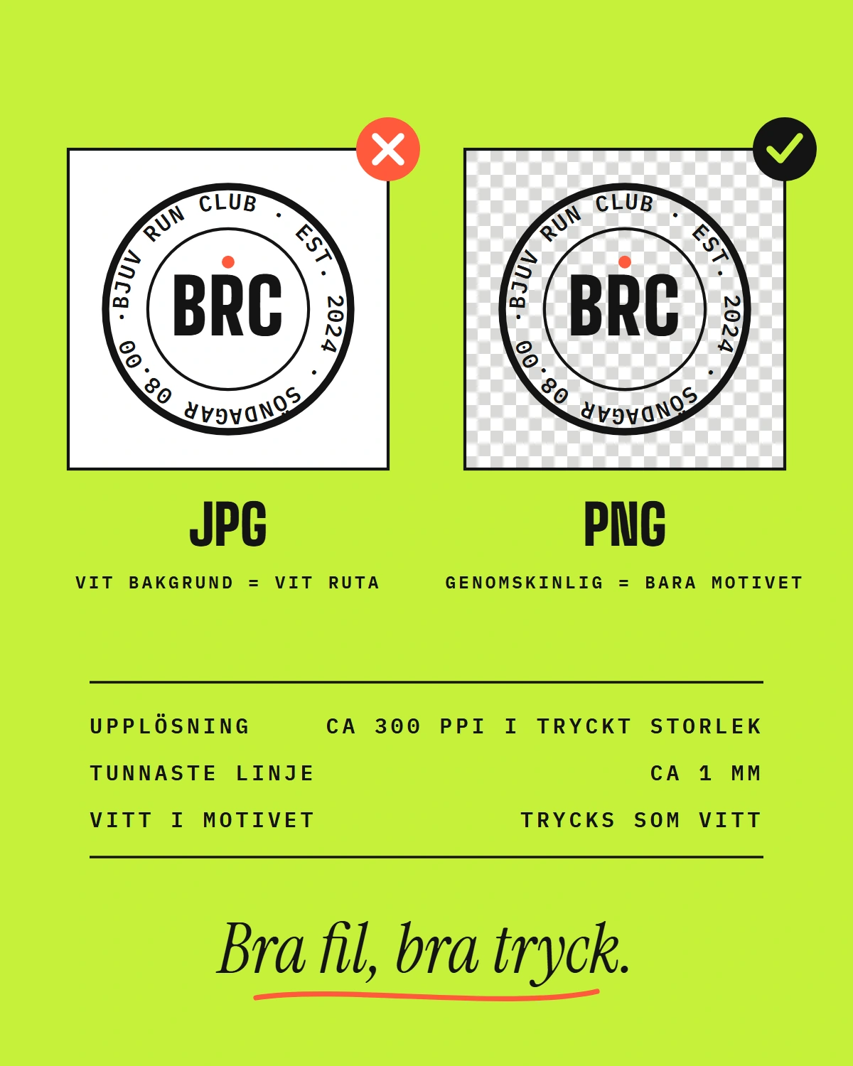 Samma motiv som JPG med vit bakgrund, som blir en vit ruta, och som PNG med genomskinlig bakgrund, där bara motivet trycks. Cirka 300 ppi i tryckt storlek, linjer minst cirka 1 mm, vitt trycks som vitt.